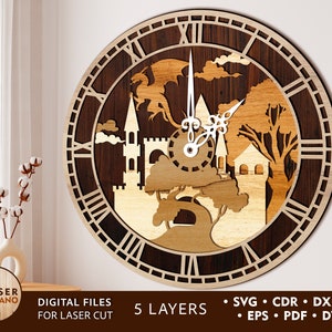 May include: A wooden clock with a laser cut design of a castle, trees, and a dragon. The clock face is brown with white Roman numerals. The clock is made of five layers of wood.