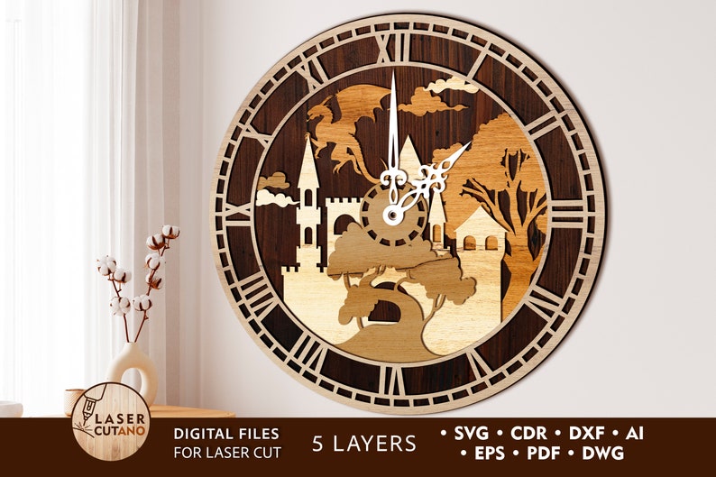 May include: A wooden clock with a laser cut design of a castle, trees, and a dragon. The clock face is brown with white Roman numerals. The clock is made of five layers of wood.