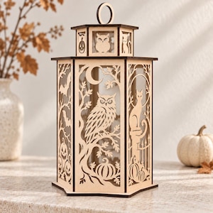 Halloween Lantern Laser Cut Files SVG DXF, Wooden Owl and Cat Lantern Template, Spooky Pumpkin Fall Decor, Glowforge Digital Download