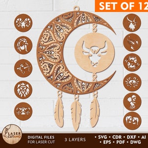 Zodiac Dream Catchers File tagliato al laser e segni zodiacali Svg, file laser Boho e file laser dell'asilo nido, file Dxf della decorazione della parete tagliata al laser / #563