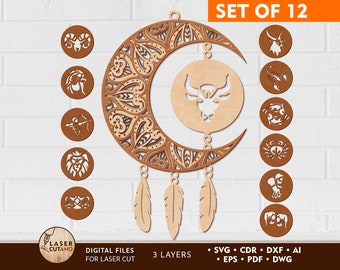 Zodiac Dream Catchers Laser Cut File and Svg Zodiac Signs, Boho Laser Files and Nursery Laser File, Laser Cut Wall Decor Dxf File | #563