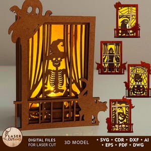 Windows Halloween Laser File Lantern, Świecznik Halloween Svg Cnc Glowforge Tea Light Halloween, Zestaw maszyn do cięcia laserowego | #635