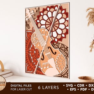 Plantilla de corte por láser en capas Svg de violín y archivo dxf para láser, archivo svg de música con arte en capas, archivo láser de música y planos CNC, patrón cnc / n.° 322