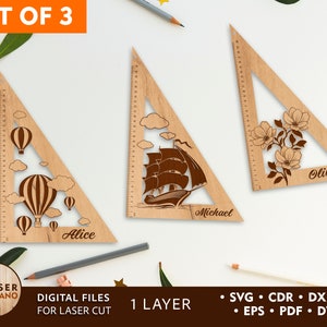 Driehoek liniaal laserbestand SVG linialen in inches centimeter, school laser SVG en school DXF, school glowforge & gegraveerde student DXF | #466