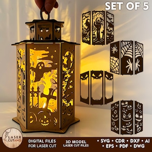 Puede incluir: Una linterna de Halloween de madera con intrincados diseños recortados de fantasmas, calabazas y lápidas, iluminada desde dentro. La imagen también muestra un conjunto de cinco paneles temáticos de Halloween con varios diseños espeluznantes. El texto de la imagen dice "SET OF 5".