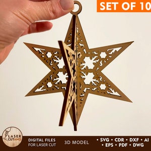 CHRISTMAS Archivos cortados con láser Modelos 3d y archivos Glowforge, archivos Dxf Svg y adornos cortados con láser, adornos navideños con copos de nieve Svg / #518