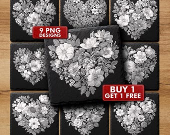 May include: Nine black slate coasters with floral heart designs in grayscale. The coasters are arranged on a wooden surface. One coaster in the center has a large floral heart design. The image includes a red banner that says "9 PNG designs" and another that says "Buy 1 Get 1 Free."