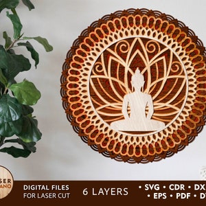 BUDDHA Mandala Laser Cut Files Layered Svg Templates and Wall Laser Cut, Glowforge Files Svg & Cnc Files for Wood Router, layered svg