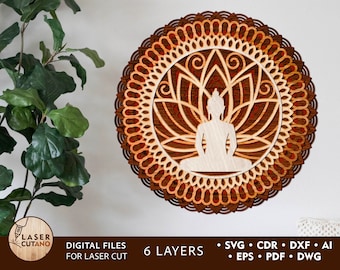 BUDDHA Mandala Laser Cut Files Layered Svg Templates and Wall Laser Cut, Glowforge Files Svg & Cnc Files for Wood Router, layered svg | #474
