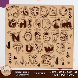 Alfabeto archivo cortado con láser Puzzle Svg Kids Puzzle Svg y Puzzle Cnc File, Puzzle Dxf Svg y Letter Laser Cut, Laser Cut Plan & Project / #541