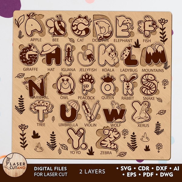 Fichier alphabet découpé au laser, puzzle Svg pour enfants, fichier CNC pour enfants, puzzle DXf, Svg et lettre découpés au laser, plan et projet découpés au laser | #541