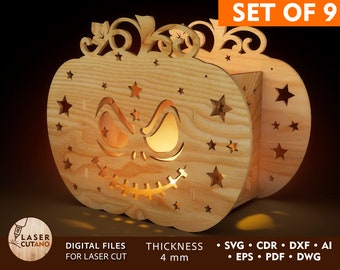 HALLOWEEN Laser Cut File PUMPKIN Lantern Svg Halloween Lights Laser File and cnc router, candlesticks dxf & candle holder laser file | #365