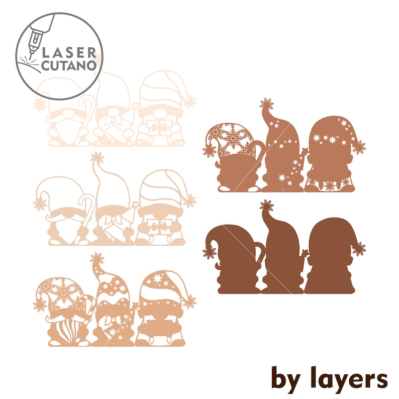 May include: Three layered SVG cut files of gnomes wearing Santa hats with snowflakes. The gnomes are in different shades of brown and white. The text "by layers" is at the bottom of the image.