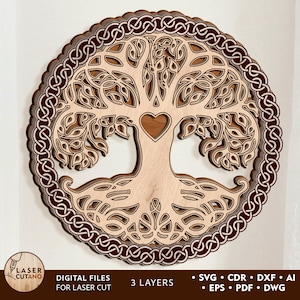 May include: A layered wooden wall art piece featuring a tree design with a heart in the center. The artwork is circular, with a detailed border and intricate cut-out patterns. The text "DIGITAL FILES FOR LASER CUT" is visible.