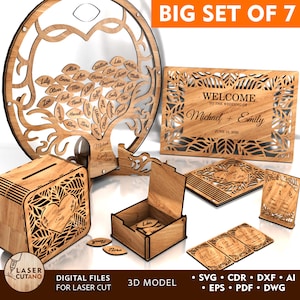Großes Set Laser geschnitten Dateien Einladungen, Hochzeitsdeko Laserdatei & Hochzeitsvorlage, Hochzeit Dxf Glowforge Gästebuch | #677