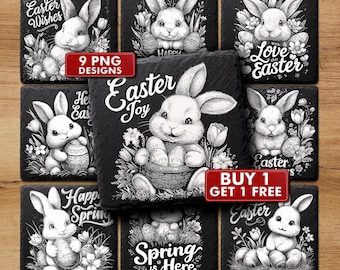 Happy Easter Rabbit Engraving Slate Coasters Png Files, Commercial Use | #2032