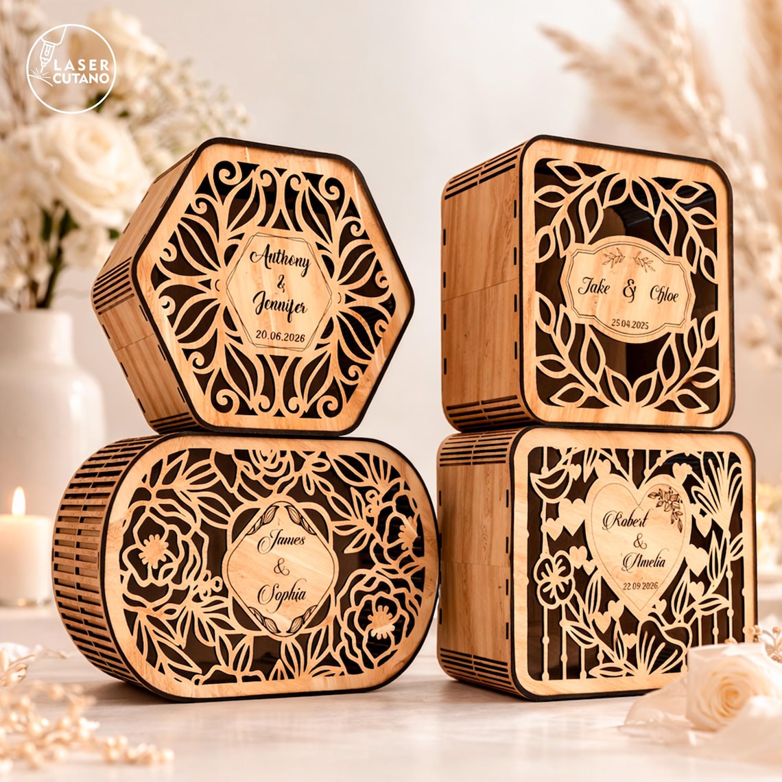 Set Wedding Boxes Laser Cut File SVG and DXF Wedding Gift Box Template ...