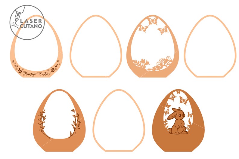 May include: Six different laser cut Easter egg designs. The designs include a bunny, butterflies, flowers, and the text "Happy Easter".