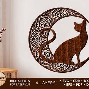 Mandala Laser Cut Out Wood Moon Dxf Cat et Mandala Cnc Wood, Cat Dxf et Layered Svg Cat, Multilayer Svg Files et 3D Cat Svg Cricut | #463