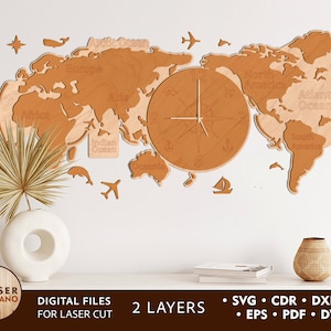 Uhr Welt Karte Laser Cut Datei Gravur Muster und gravierte Karte Wand Kunst Datei, Uhr Dxf Datei und Laser Cut Uhr SVG xtool d1 | #435