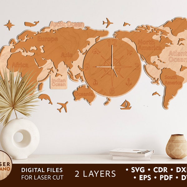 Clock World Map Svg Laser Cut File Engraving Pattern and Engraved Map Wall Art File, Clock Dxf File and Laser Cut Clock Svg xtool d1 | #435