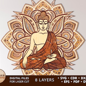 BOEDDHA MANDALA SVG lasergesneden bestand en bestanden CNC laser, cricut bestanden en sjabloonbestanden laser, gelaagde SVG-bestanden Mandala DXF AI CDR | #183