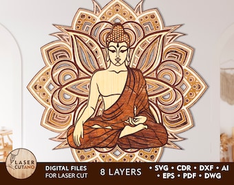 BUDDHA MANDALA svg laser cut file and files cnc laser, cricut files and template files laser, layered svg files mandala dxf ai cdr | #183