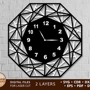 May include: A black and white geometric clock with a white octagon frame and black clock face. The clock face has white numbers and black hands. The text "DIGITAL FILES FOR LASER CUT 2 LAYERS • SVG • CDR • DXF • AI • EPS • PDF • DWG" is below the clock.