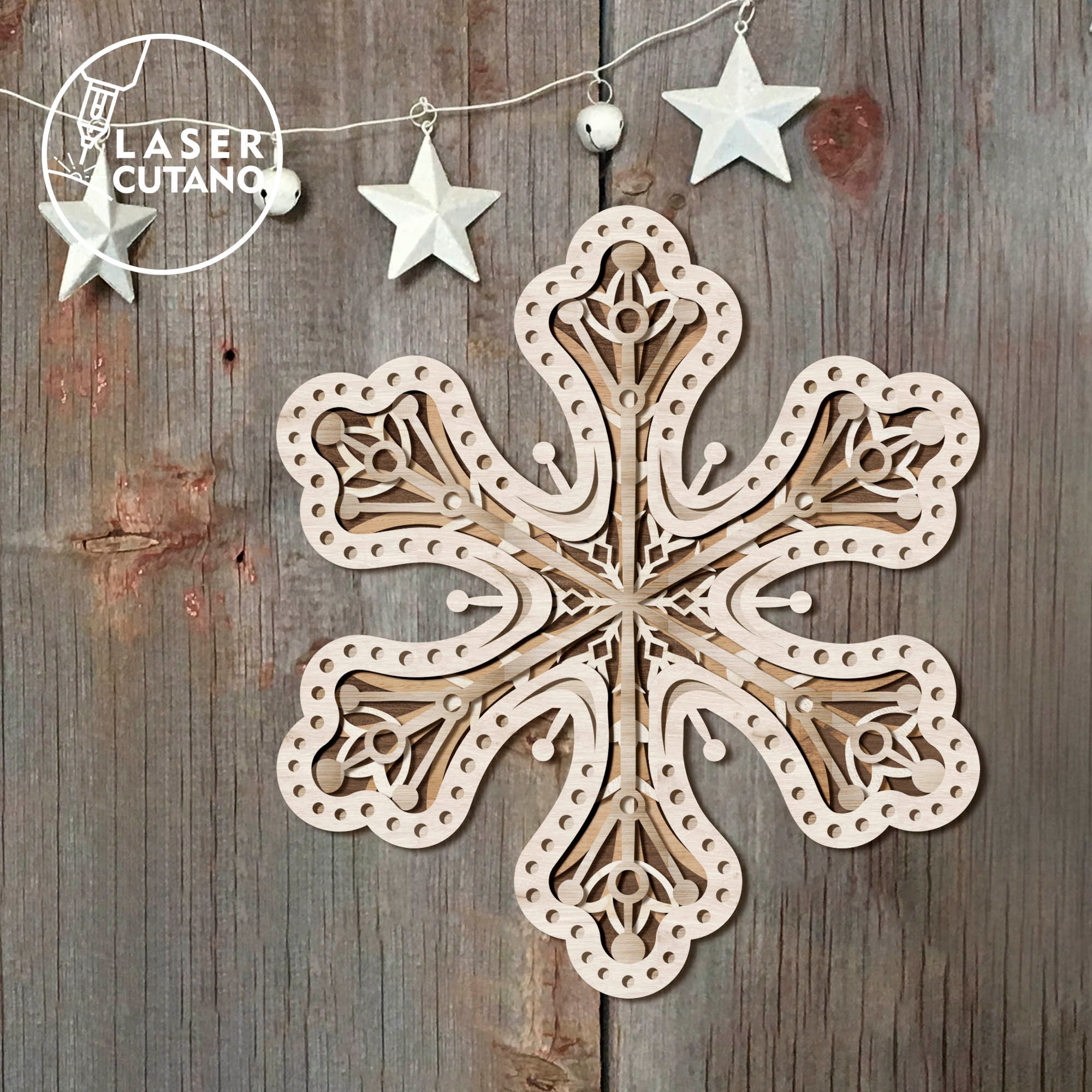 Laser Cut Wood Snowflakes Ornaments. Wooden Snowflakes on Brown Background.  Christmas Holliday Concept. Stock Photo - Image of ornament, design:  103424876