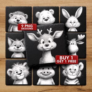 May include: Nine black square coasters with cartoon animal designs, including a hedgehog, bear, rabbit, fox, deer, moose, lion, pig, and tiger. The coasters have a textured surface. Text on the image reads "9 PNG Designs" and "BUY 1 GET 1 FREE."