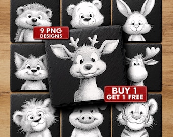 Cute Animals Slate Coasters PNG, Kids Nursery Laser Engraving Files | #2057