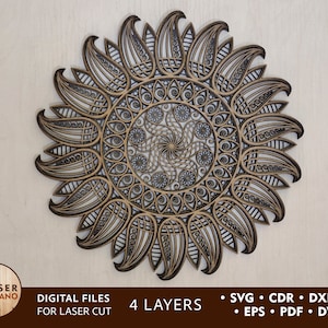 May include: A laser cut mandala design with four layers. The mandala is made of wood and has a brown and black color scheme. The design is intricate and detailed, with a variety of shapes and patterns. The mandala is perfect for adding a touch of elegance to any home decor.