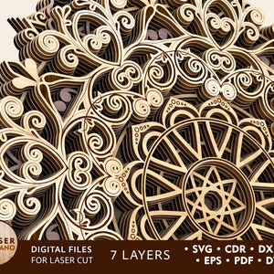 MANDALA con incisione laser File SVG e arte da parete in legno multistrato, file DXF di mandala vettoriale, file dxf a strati Sega a scorrimento / #342