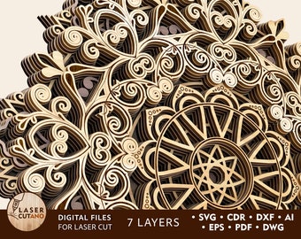 Könnte beinhalten: Ein 7-schichtiges Mandala-Design mit filigranen Details, perfekt zum Laserschneiden. Das Design verfügt über ein kreisförmiges Muster mit einem Stern in der Mitte und einer Vielzahl von floralen Motiven. Das Design ist in den Formaten SVG, CDR, DXF, AI, EPS, PDF und DWG verfügbar.