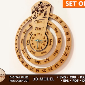 File di taglio laser CALENDARIO OROLOGIO File di taglio Dxf e file di orologio tagliati al laser, file di incisione tagliata e file di orologio da parete Cnc, calendario Cnc / #391