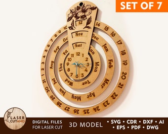 Laser Cut File CALENDAR WATCH Dxf Cutting File and Laser Cut Clock Files, Cut Engrave Files and Wall Clock Cnc File, Cnc Calendar | #391