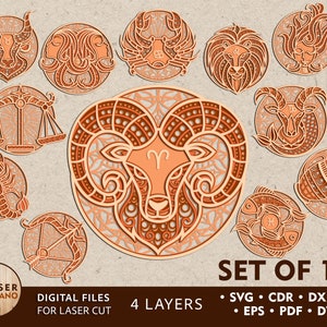 ZODIAC Laser Cut Dateien für Glowforge, Sternzeichen DXF & Horoskop Lasergravur Astrologie Art Cnc Dateien, Layered Laser Files Wall Art | #274