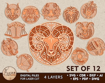 ZODIAC Laser Cut Files for Glowforge, Zodiac DXF & Horoscope Laser Engraving Astrology Art Cnc Files, Layered Laser Files Wall Art | #274