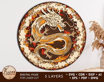 May include: A round wooden wall art piece with a multi-layered design of a dragon in a circle of clouds. The dragon is orange, yellow, and white, and the clouds are white and brown. The background is a dark brown wood.