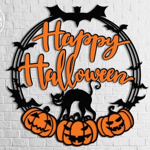 May include: A black and orange Halloween wreath with the text "Happy Halloween" in orange. The wreath is decorated with bats, a black cat, and three orange pumpkins with black faces.