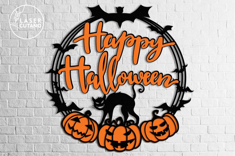 May include: A black and orange Halloween wreath with the text "Happy Halloween" in orange. The wreath is decorated with bats, a black cat, and three orange pumpkins with black faces.