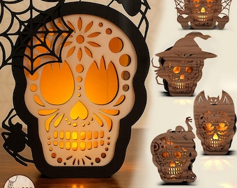Lanterne tête de mort Halloween découpée au laser fichier de découpe Svg Glowforge Halloween bougeoir Svg bougie chauffe-plat Dxf Halloween fichier laser Svg | #631