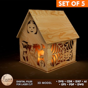 May include: A wooden Halloween house with a jack-o-lantern, spider web, and spooky house cutouts. The house is lit from inside, creating a warm glow. This is a digital file for laser cutting.