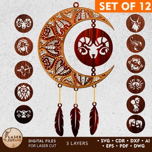 File tagliati al laser Dreamcatcher Svg Zodiac File laser e bundle Svg zodiaco, file Dxf zodiacali e decorazioni tagliate al laser, decorazione laser / #563