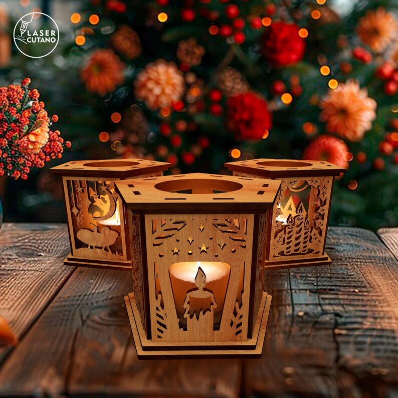 Christmas Tea Light Laser Files, Christmas Decor Svg Lantern Laser Cut, New Year Light Holder Glowforge, Laser Cutting Christmas Dxf