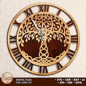 May include: A wooden wall clock with a tree of life design. The clock features Roman numerals and a light-colored wood finish. The clock hands are white. The clock has the text "DIGITAL FILES FOR LASER CUT".