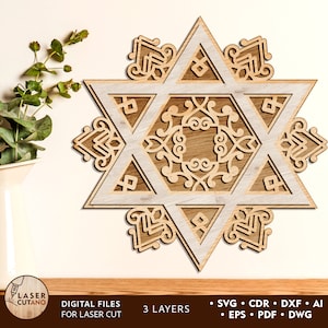 Étoile de David Laser File Svg Glowforge Hanukkah Svg File et Hanukkah Dxf Files, Modèle de découpe laser juif et Star of David Cutout | #526