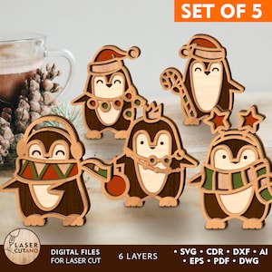 Pingüinos de pie Archivos de corte láser de Navidad Archivos de madera y Navidad Glowforge, juguetes Archivos de grabado láser y adornos cortados por láser / #508