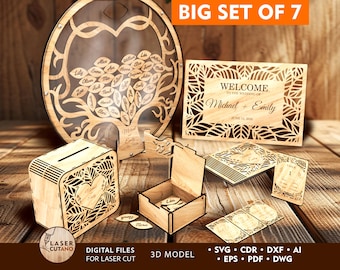 Laser Cut File Wedding Decoration Bundle, Wedding Svg Laser & Guestbook Wedding Dxf, Glowforge Box Xtool File, Laser Cut Wedding Card | #677