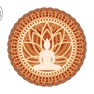 May include: A white silhouette of a meditating Buddha figure sits in the center of a brown and orange mandala with intricate floral designs.